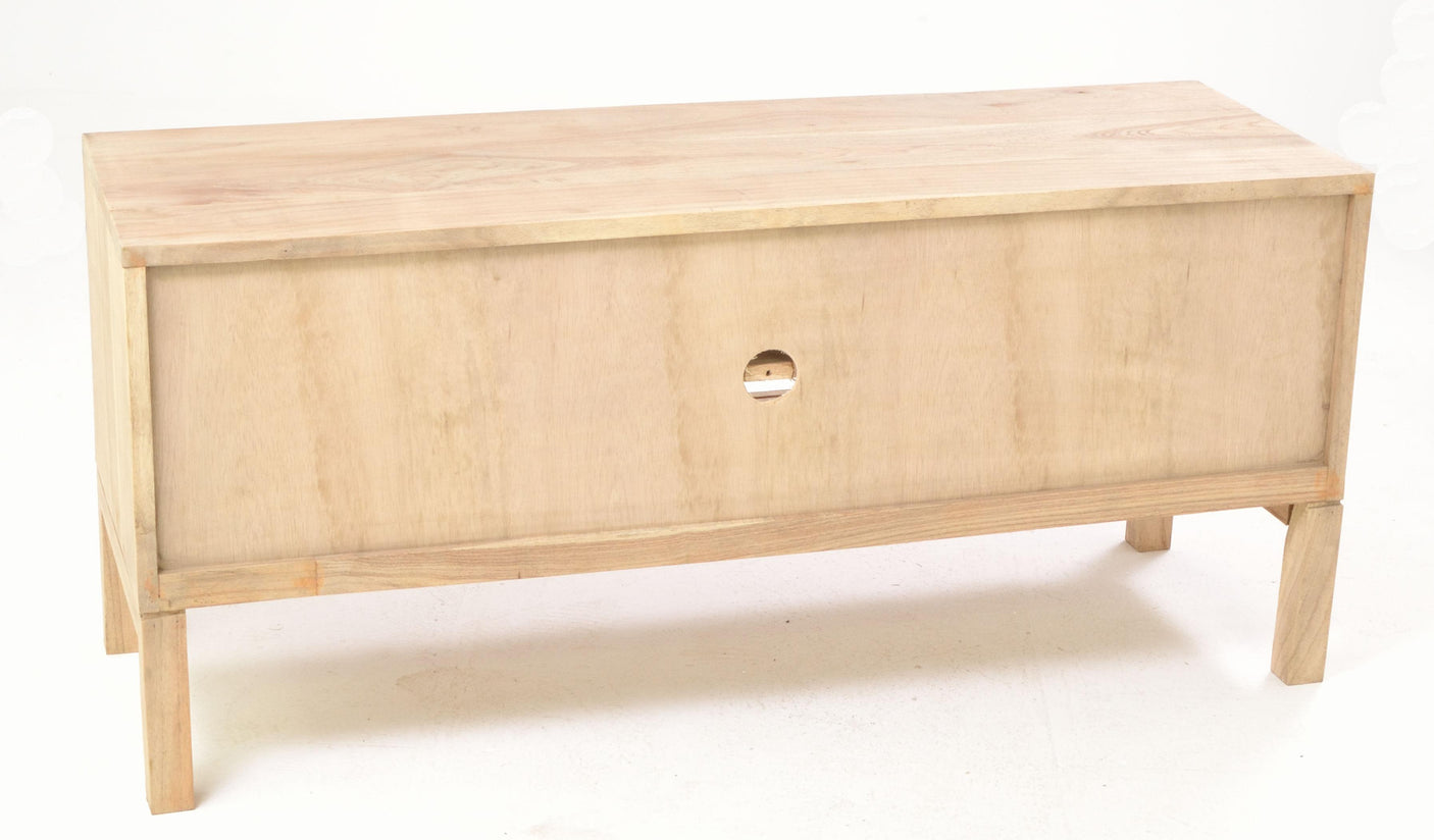 Back of a light wooden sideboard on a white background