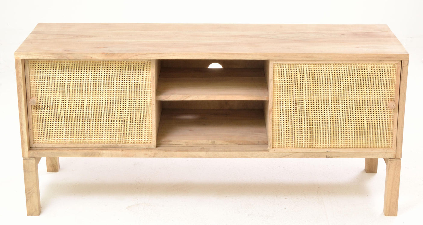 Wooden TV stand with rattan doors on a white background