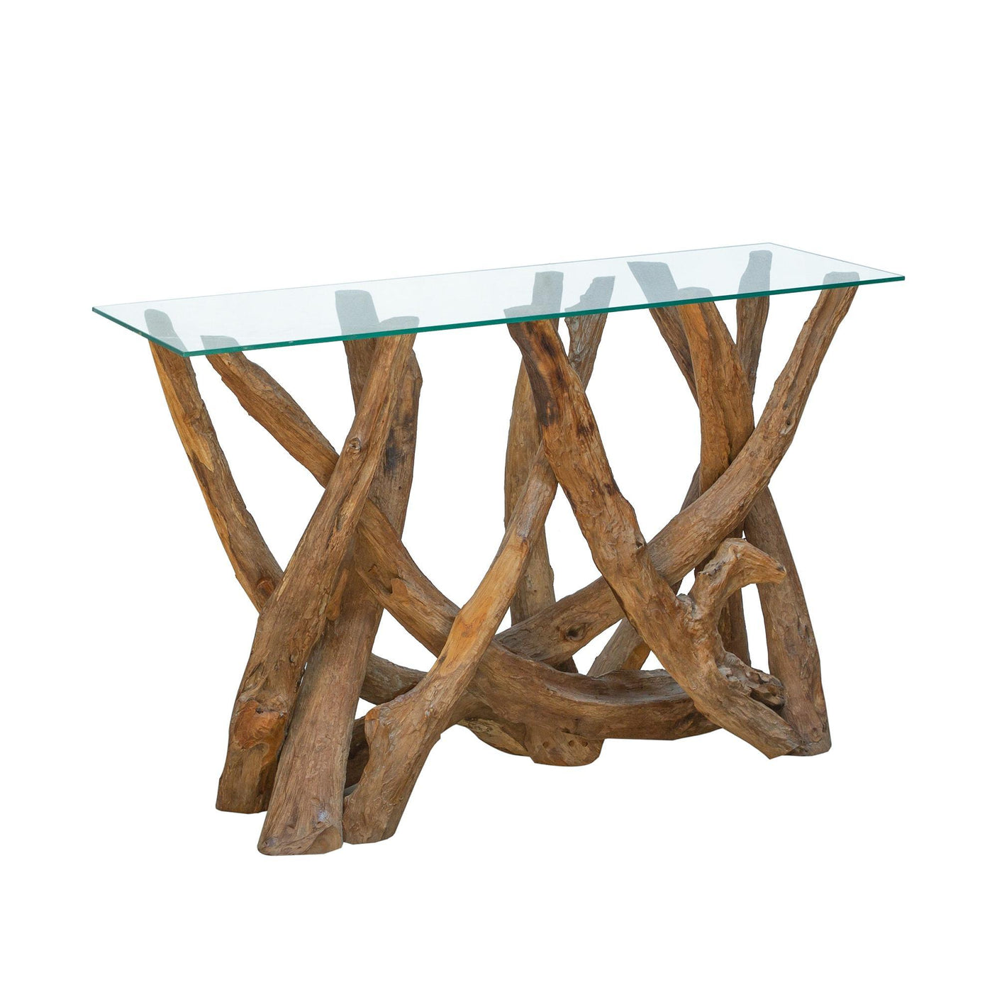 Teak root console table with glass top on a white background