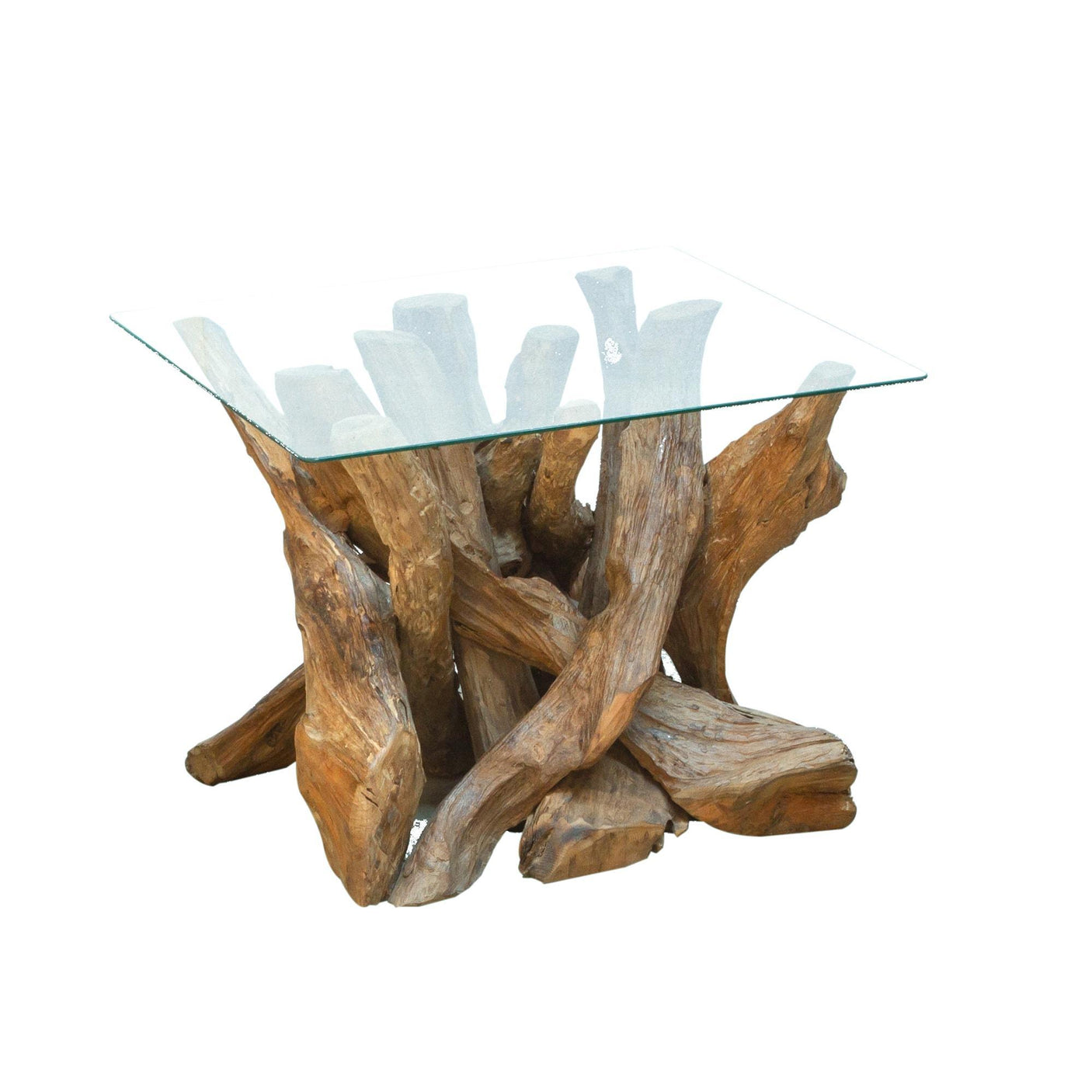 Teak root lamp table with glass square top on a white background