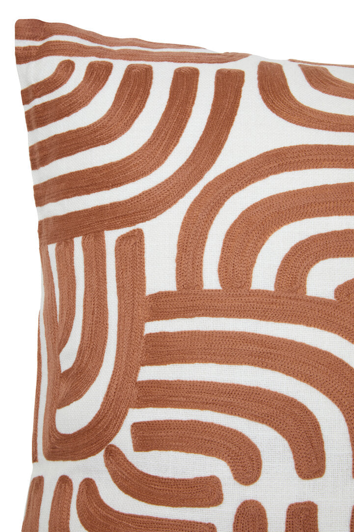 Square Elora Natural And Terracotta Cushion shown at an angle