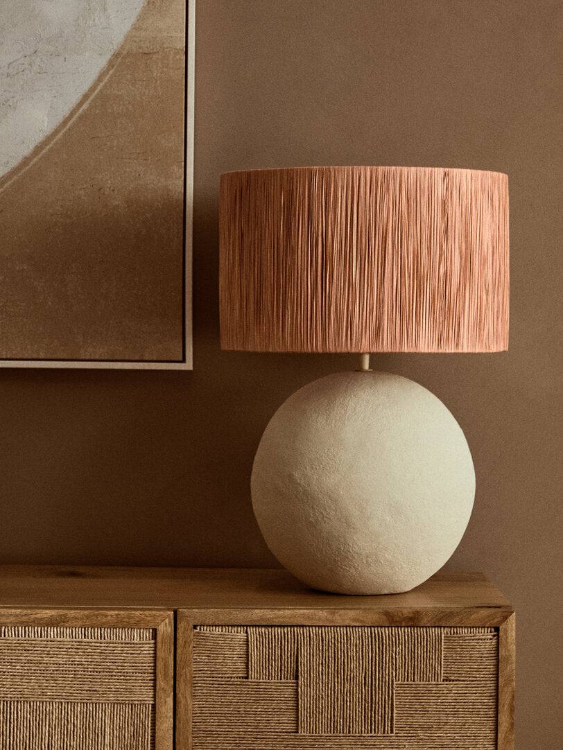 Luma Natural Papier Mache Table Lamp With Rust Raffia Shade