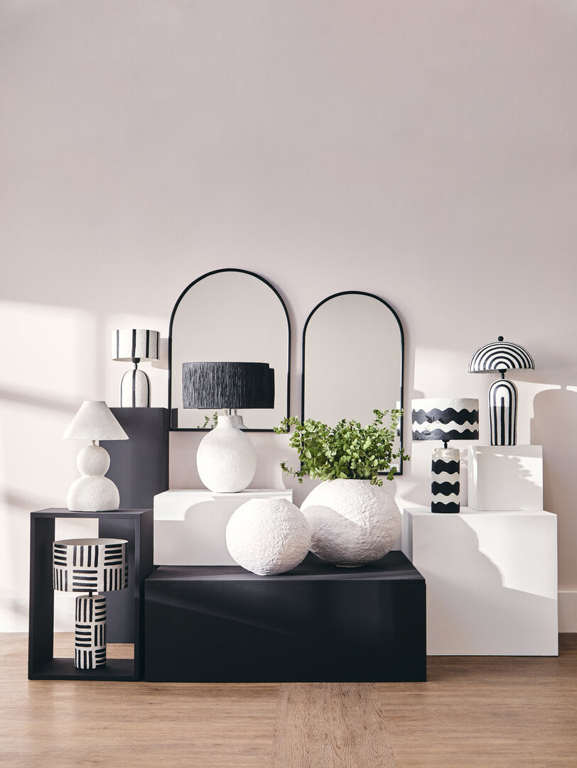 Luma Black And White Curved Stripe Papier Mache Table Lamp