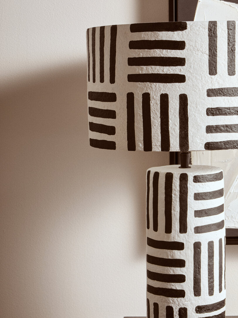 Luma Black And White Papier Mache Table Lamp with Geometric Lines