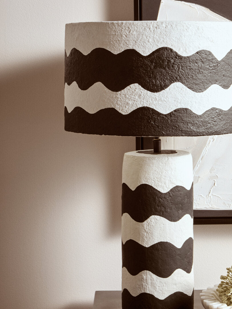 Luma Black And White Curved Stripe Papier Mache Table Lamp