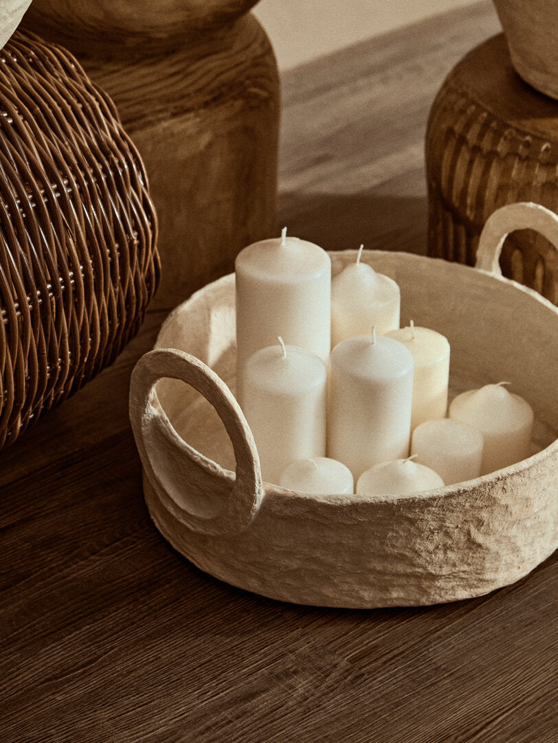 Avara Cotton Mache Round Tray With Decorative Handles
