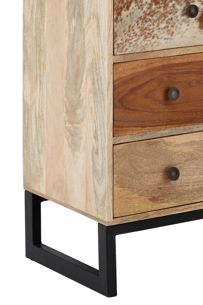 Close-up of the Folklore sideboard's mango wood side and black metal leg