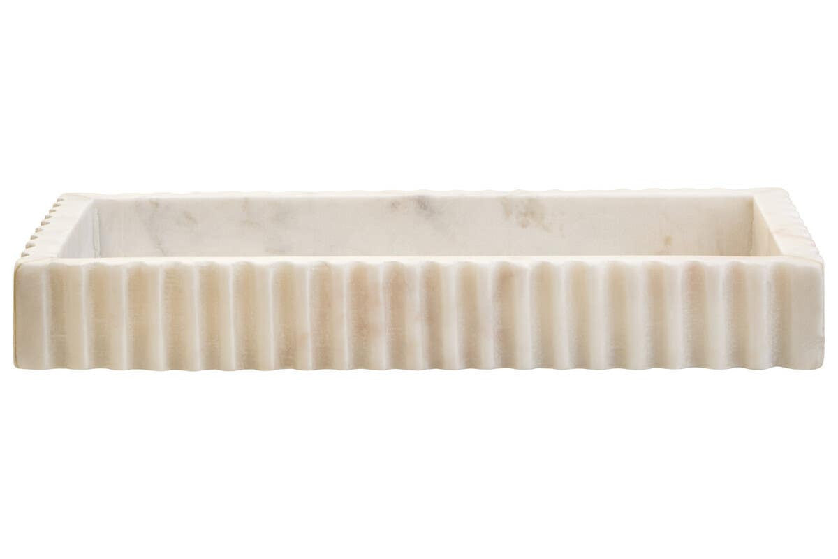 Front view of the Vela White Marble Fluted Rectangular Tray, with deep fluting around the outer edge.