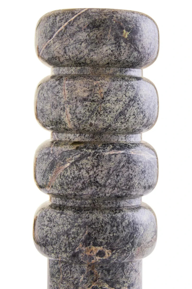Close view of the Cairn marble vase, showing the speckled green-grey stone and veining across the stacked tiers.