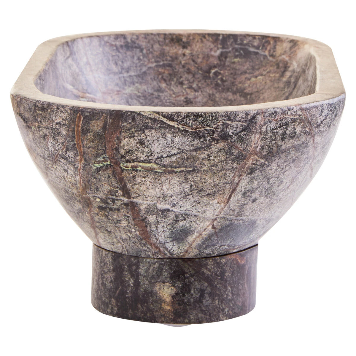 End view of the Cairn Forest Green Marble Pedestal Bowl, showing the deep oval bowl on a single visible foot.