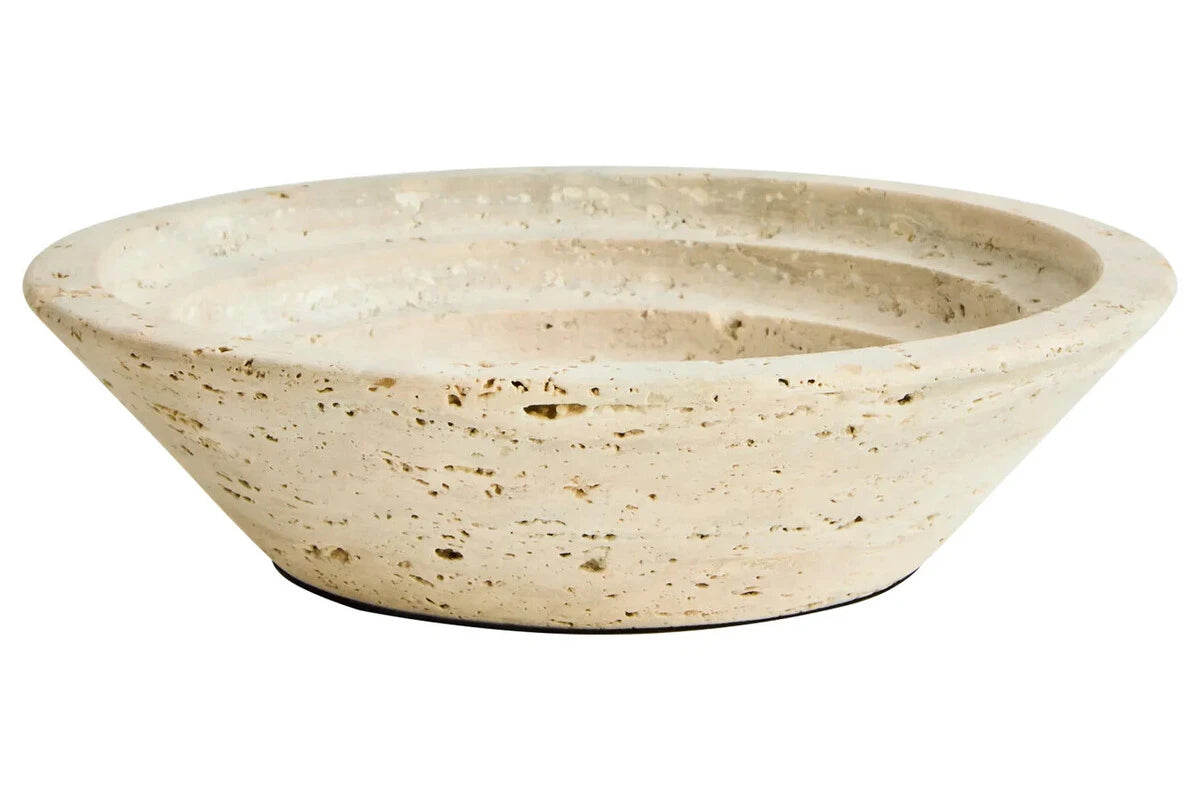 Tivoli Travertine Round Tapered Bowl, a wide, shallow round natural travertine bowl with a tapered concentric silhouette.