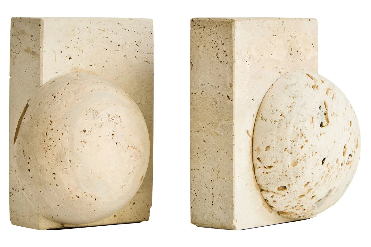Tivoli Travertine Set of Two Spherical Bookends, showing the natural texture and tonal variation of the travertine.
