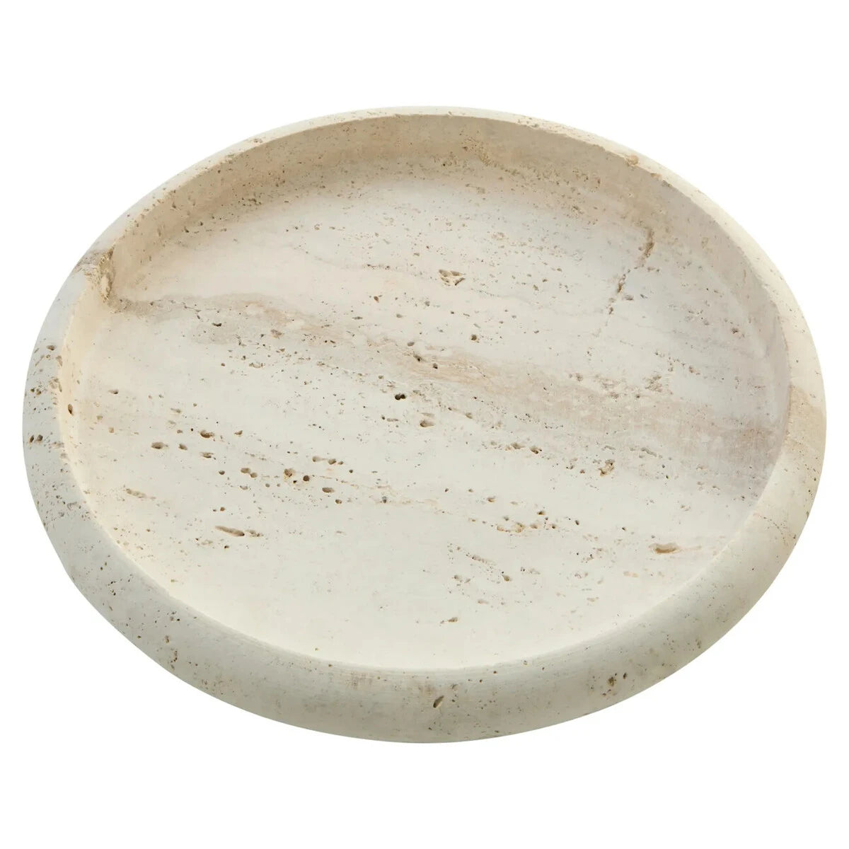 Tivoli Travertine Round Tray, showing the natural texture and tonal variation of the travertine.