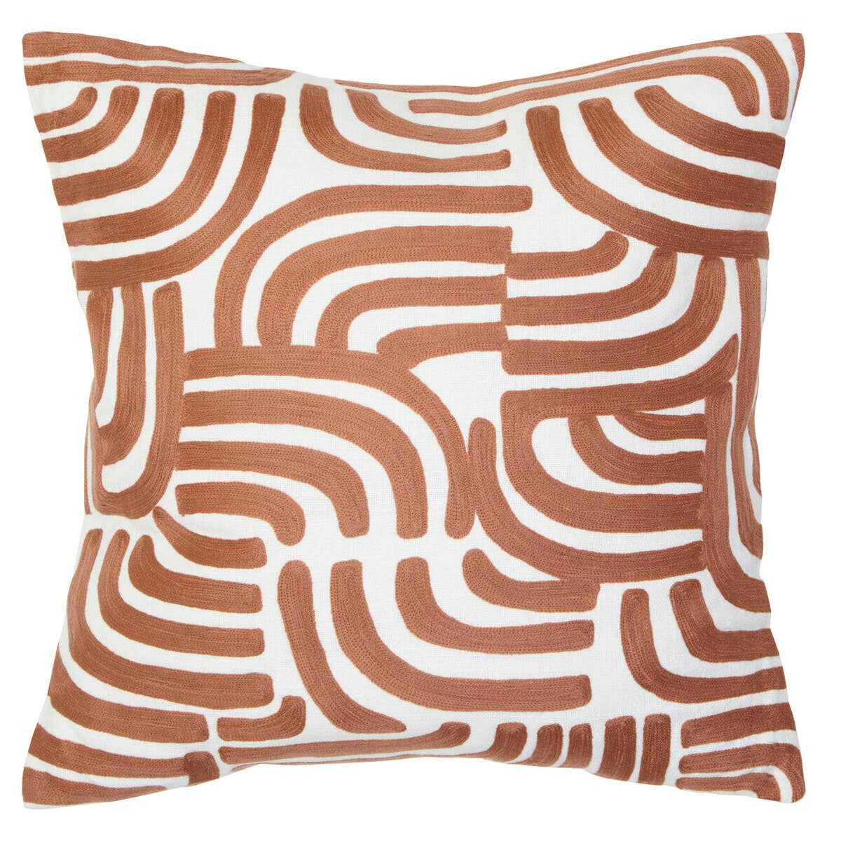 Square Elora Natural And Terracotta Cushion with terracotta embroidered curves on a natural cotton ground, on a white background