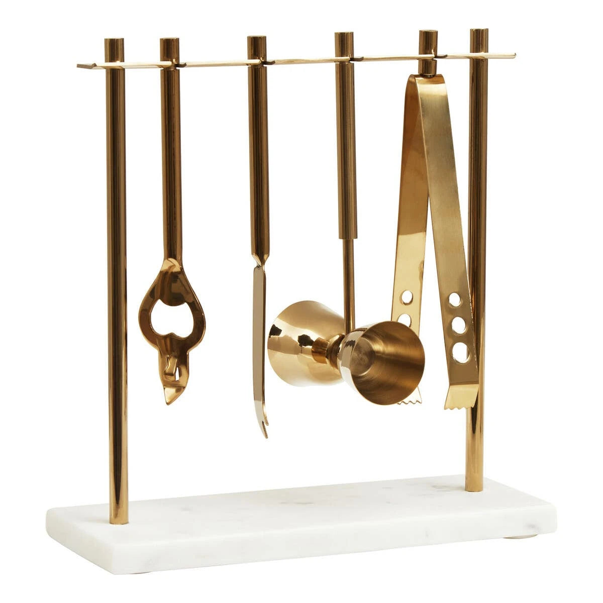 Loxley bar tool stand with white marble base and four gold-finish tools