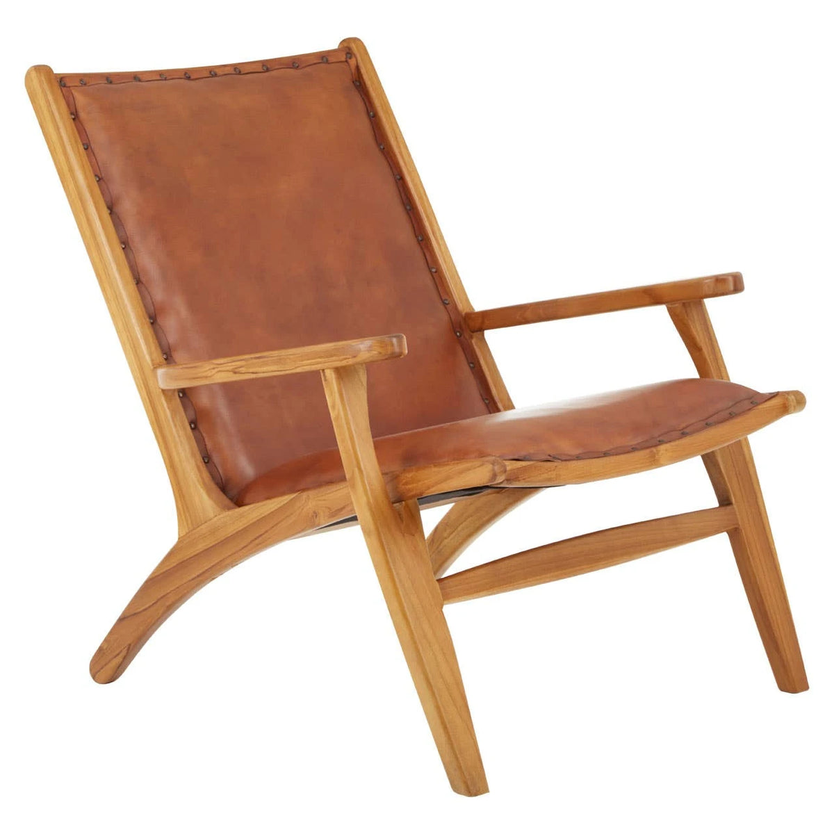 The Jakarta Leather and Teak Chair with Stud Detail from a three-quarter angle, showing its low reclined seat and curved teak legs.