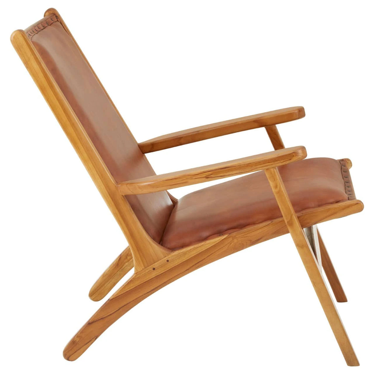 Side view of the Jakarta Leather and Teak Chair with Stud Detail, showing the sweeping teak legs and broad flat armrests.