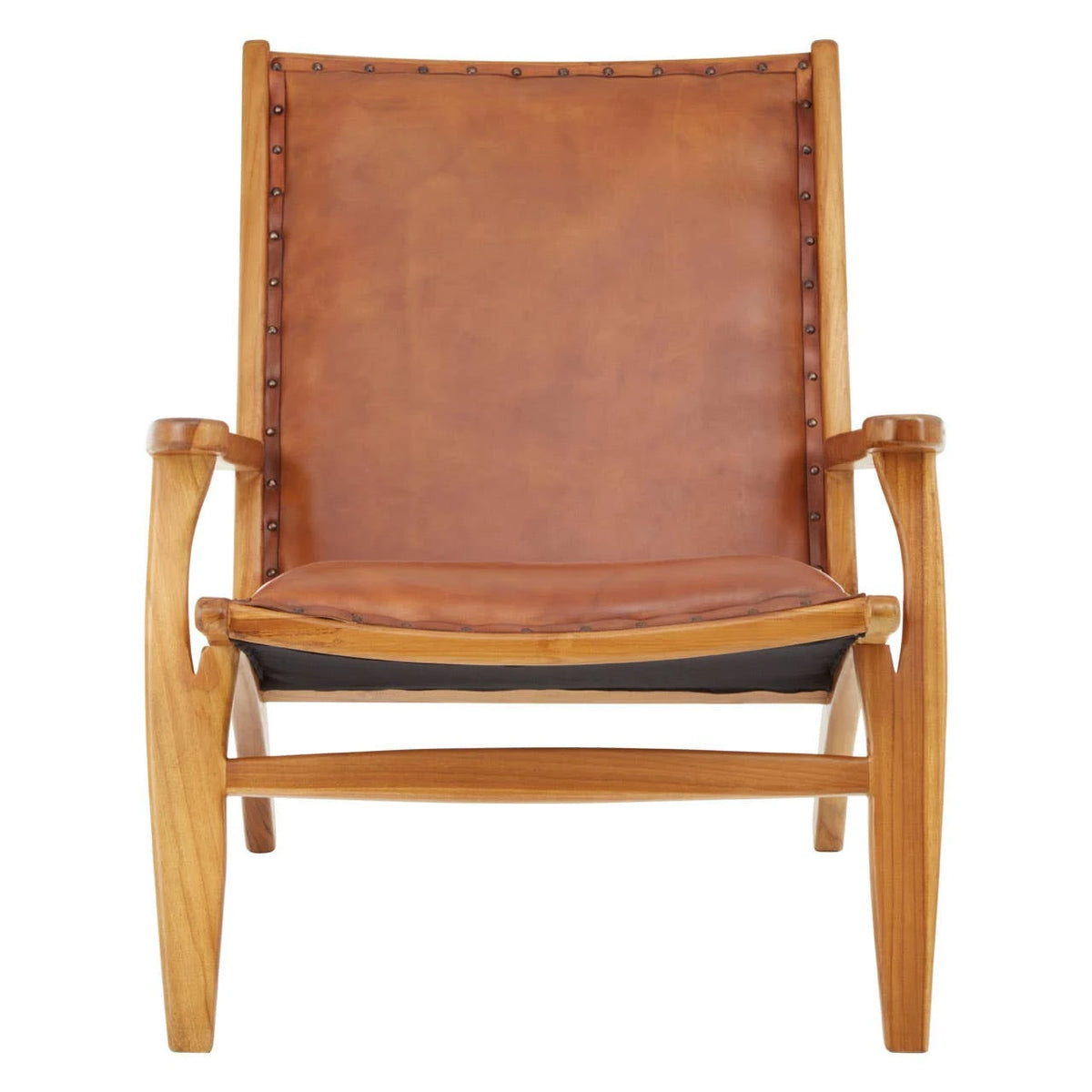 Front view of the Jakarta Leather and Teak Chair with Stud Detail, with a tan leather seat and back in a solid teak frame.