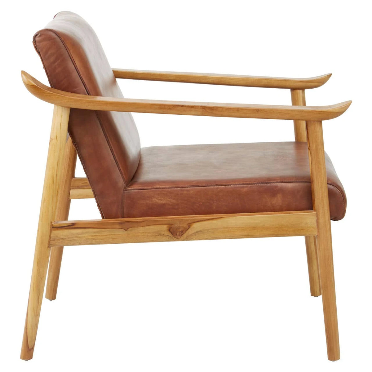 Side view of the Jakarta Brown Leather and Natural Teak Armchair, showing the angled back and light teak frame.