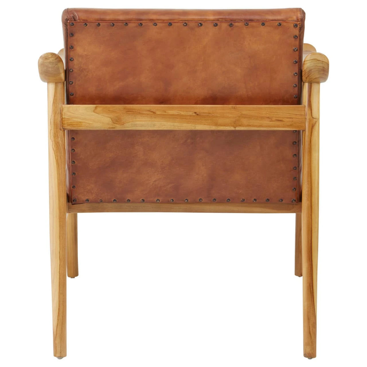 Back view of the Jakarta Natural Teak Armchair, showing the studded brown leather back and teak crossbar.