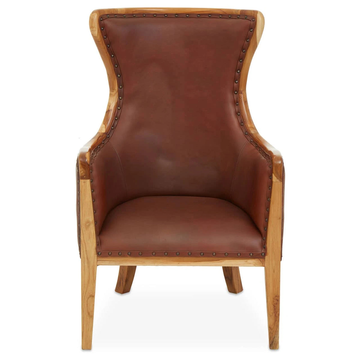Front view of the Jakarta Brown Leather Studded Chair, showing the tall wingback, padded leather seat and natural teak frame.