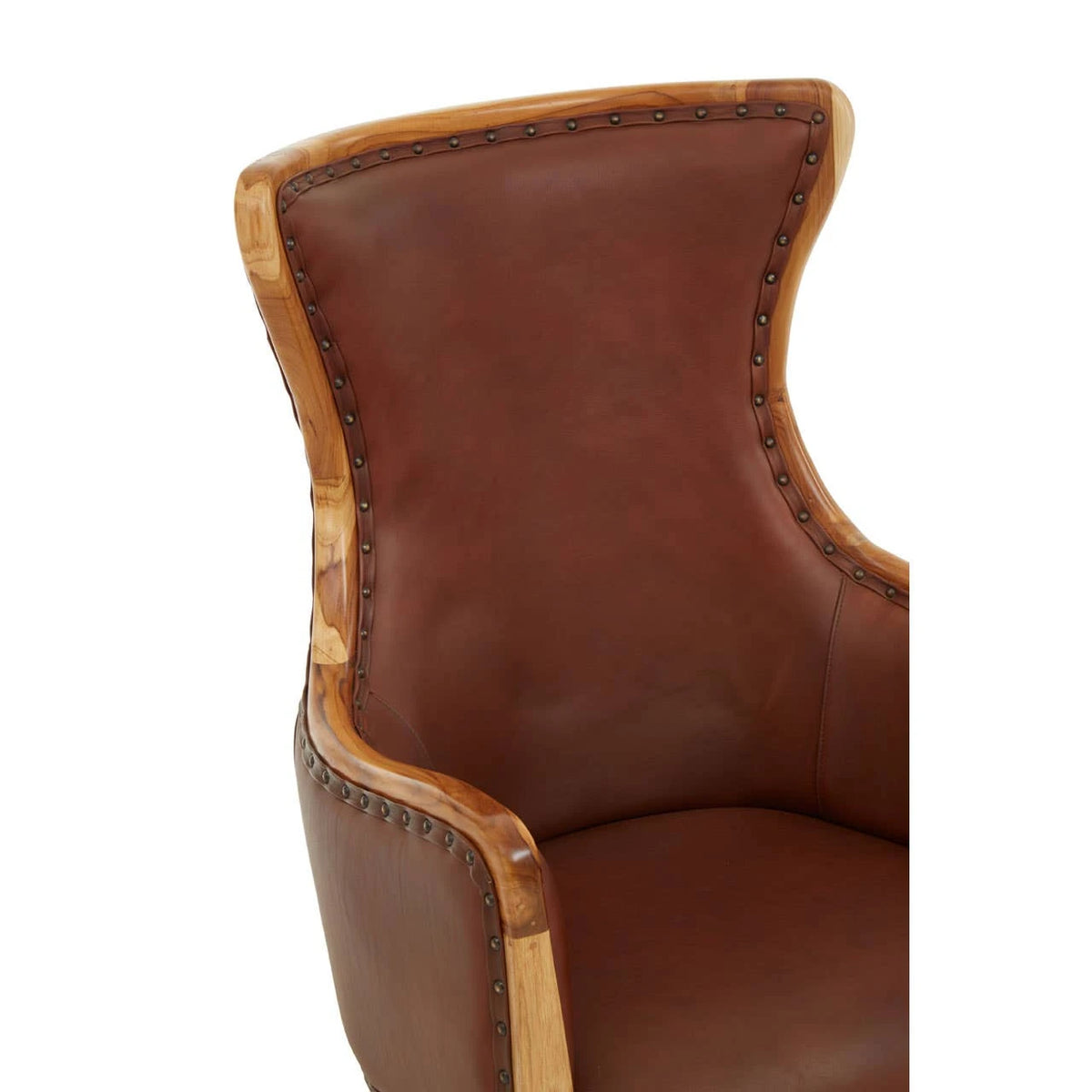 Close view of the Jakarta Studded Chair back and arm, with brown leather outlined in studs and natural teak.