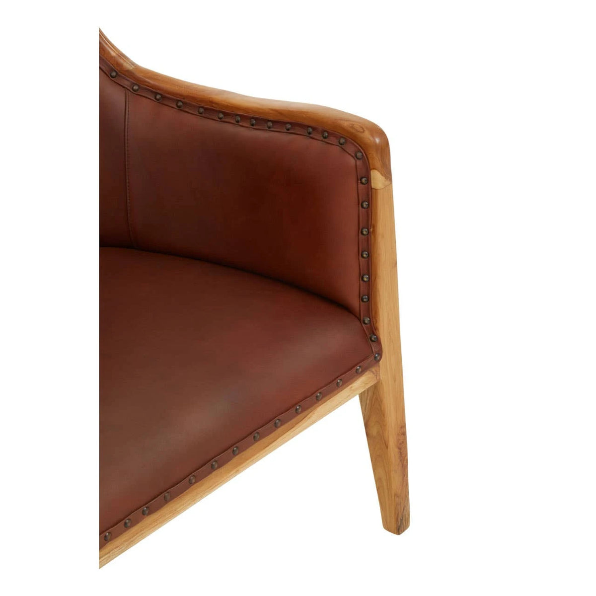 Close view of the arm and seat of the Jakarta Brown Leather Studded Chair above a natural teak leg.