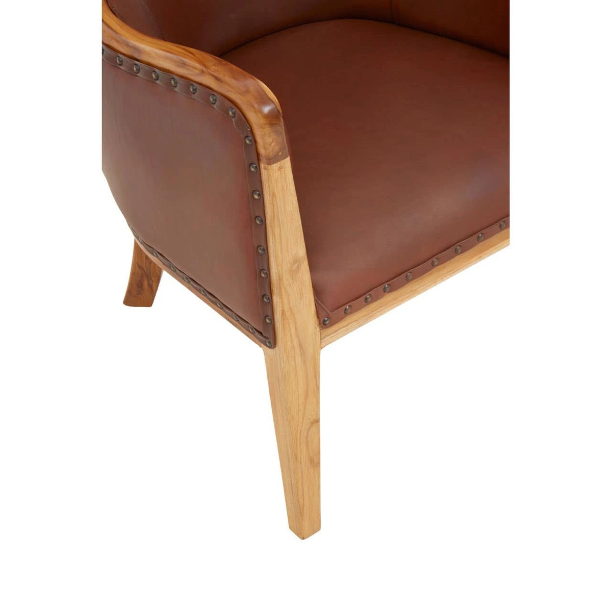 Close-up of the front corner of the Jakarta Studded Chair, showing the leather seat, stud trim and teak leg.