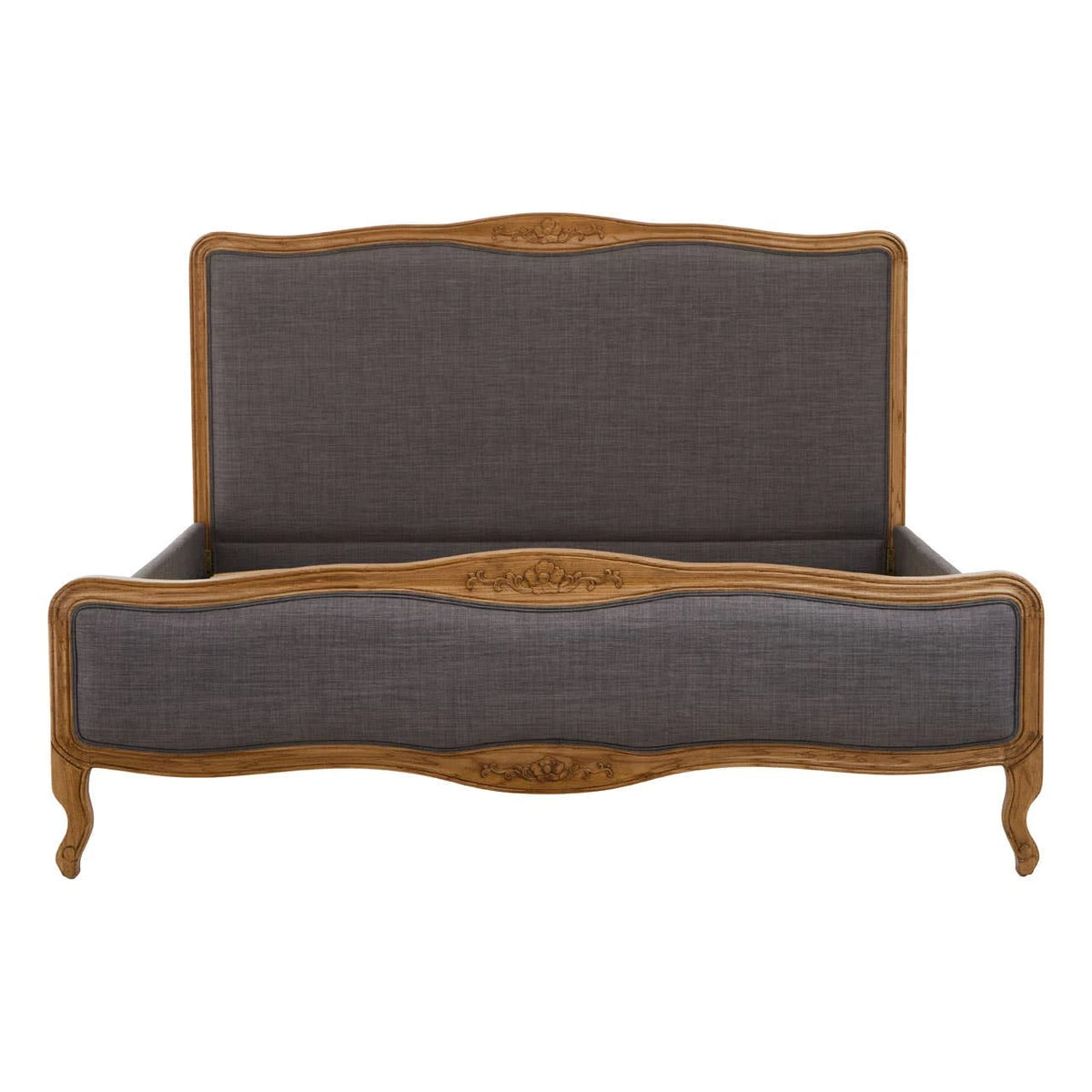 Front view of the Vienne Grey Fabric Super King Size Bed, showing the shaped carved oak frame around the grey upholstered headboard and footboard.