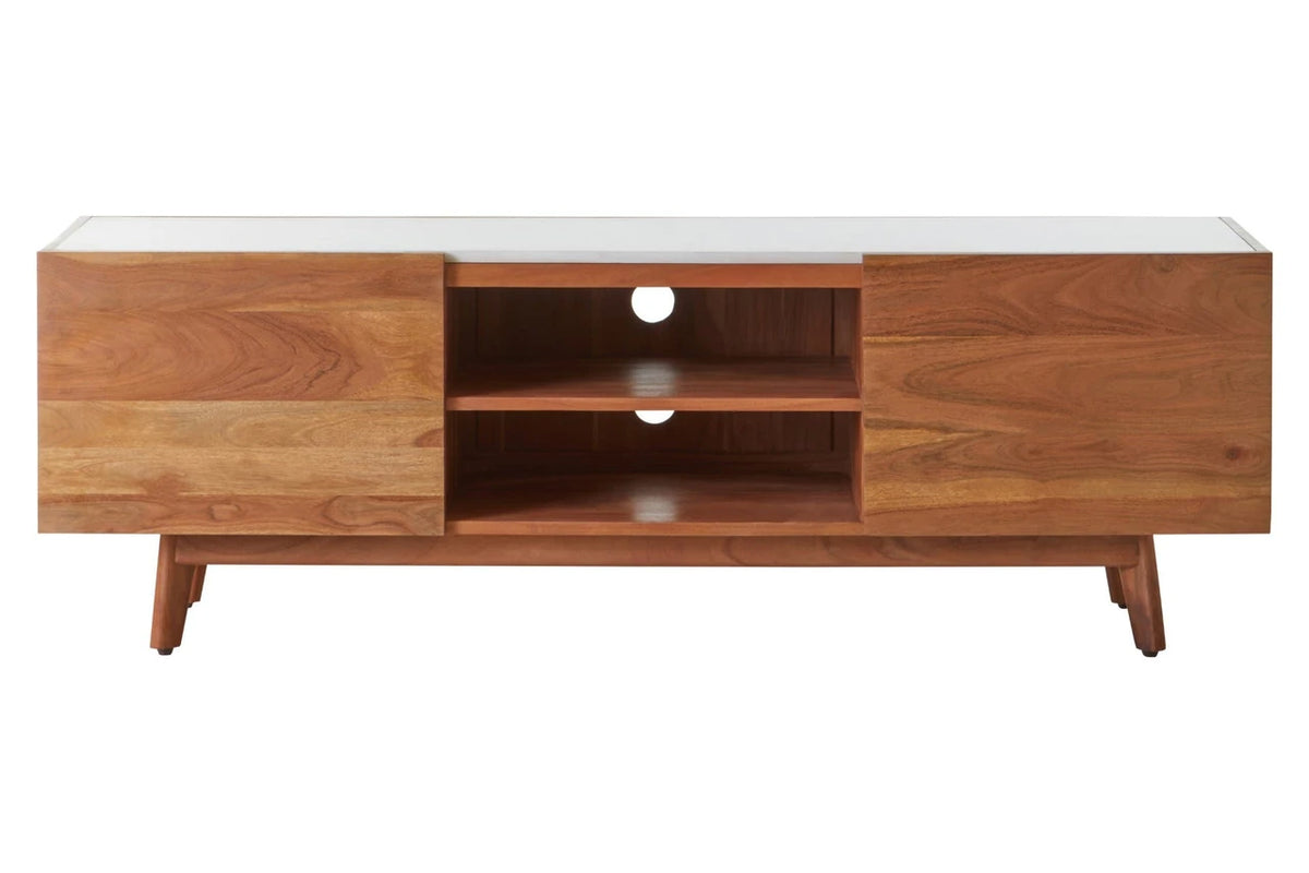 Alder acacia wood and white marble media unit, front view with two doors and open central shelves