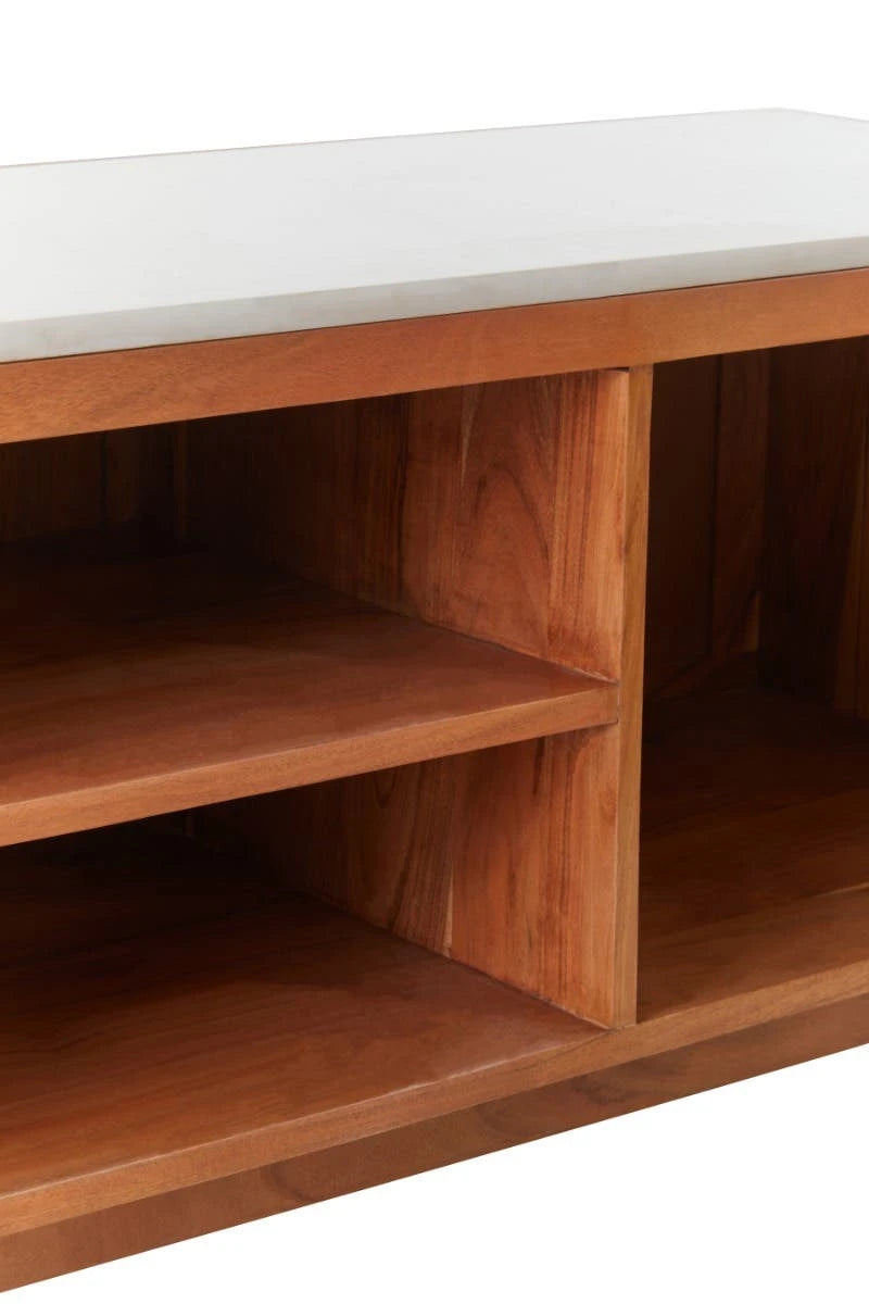 Close-up of the open shelves in the Alder acacia wood media unit