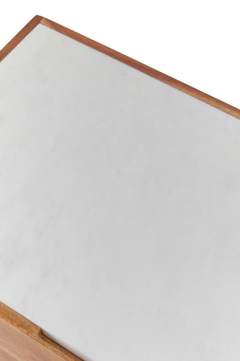 Close-up of the white marble top on the Alder media unit