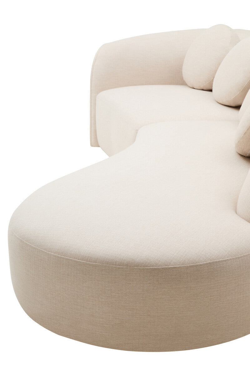View of seat of Sorena curved cream linen sofa