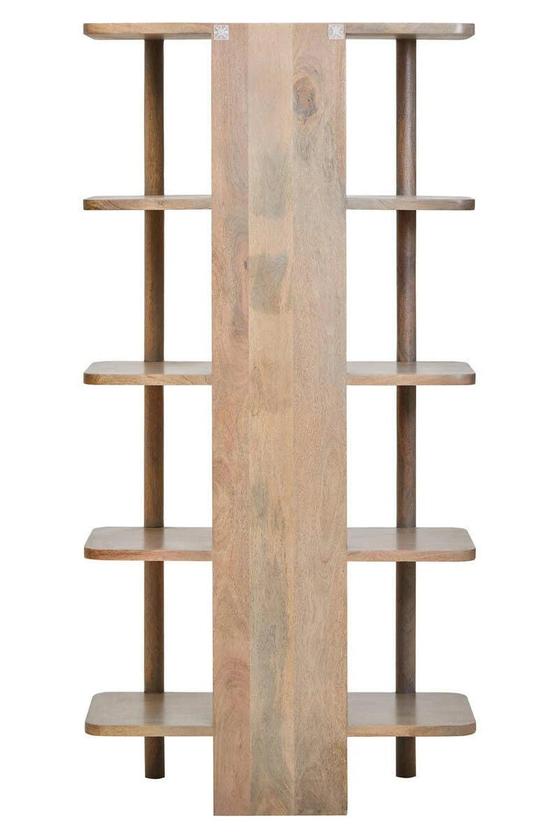 Back view of the Hawthorn Five Tier Grey Shelf Unit, showing the plain back of the central mango wood panel.