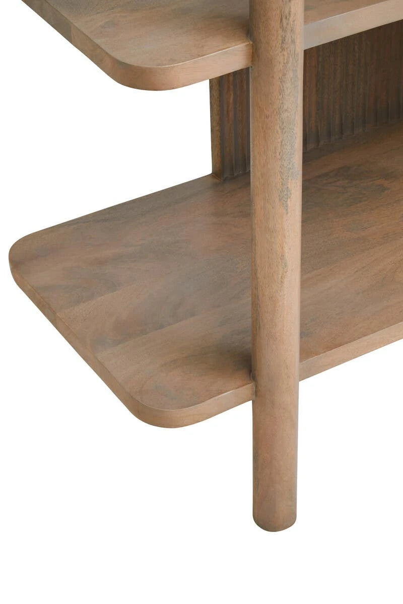 Close-up of a rounded grey mango wood shelf corner and round post on the Hawthorn Five Tier Shelf Unit.