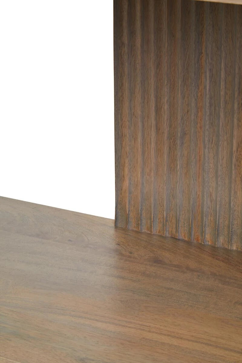 Close-up of a Hawthorn Grey shelf meeting the reeded mango wood centre panel.