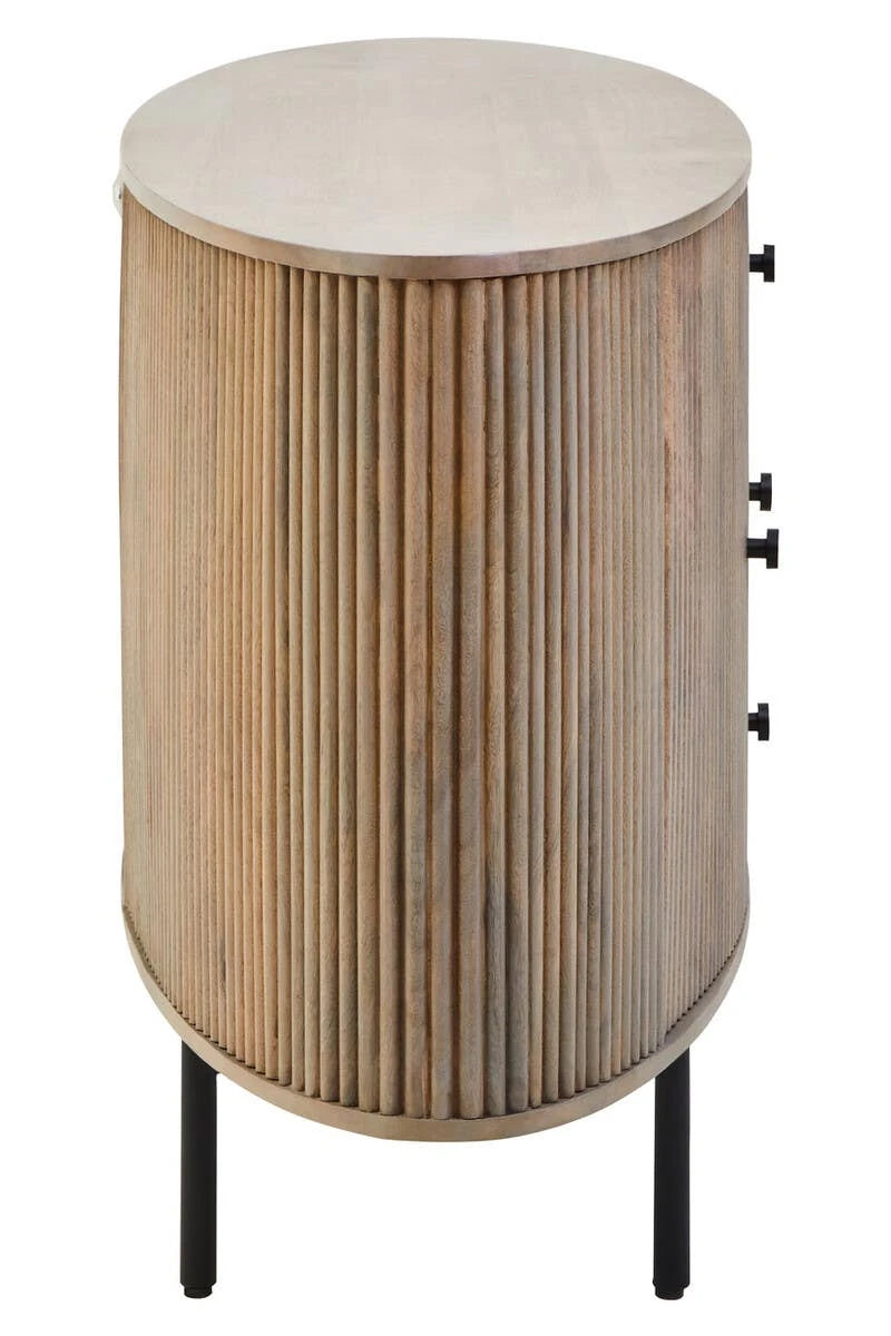 End view of the Hawthorn Grey Oval Sideboard, showing the curved reeded side and slim black legs.