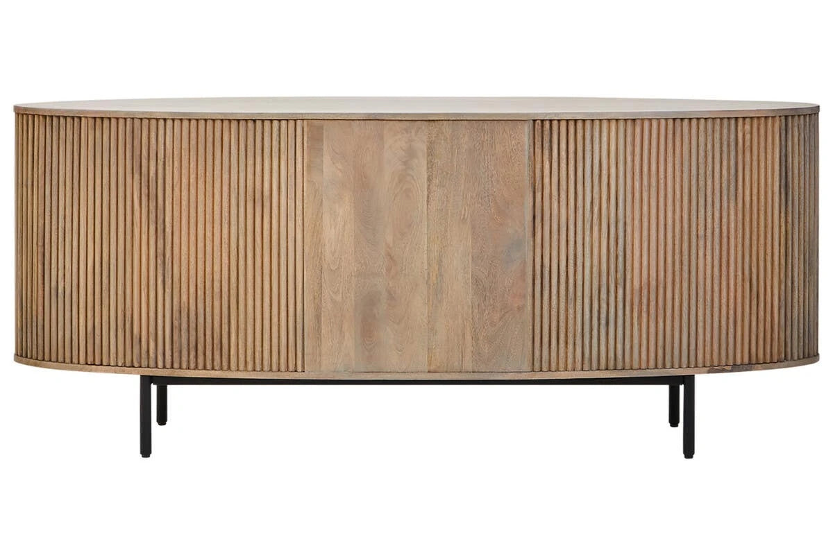 Back view of the Hawthorn Grey Oval Sideboard in grey-washed mango wood on black metal legs.