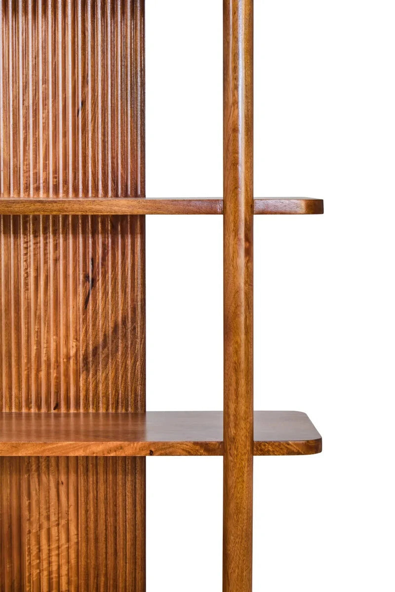 Close view of the Hawthorn shelf unit, showing a rounded shelf end, round post and reeded centre panel.