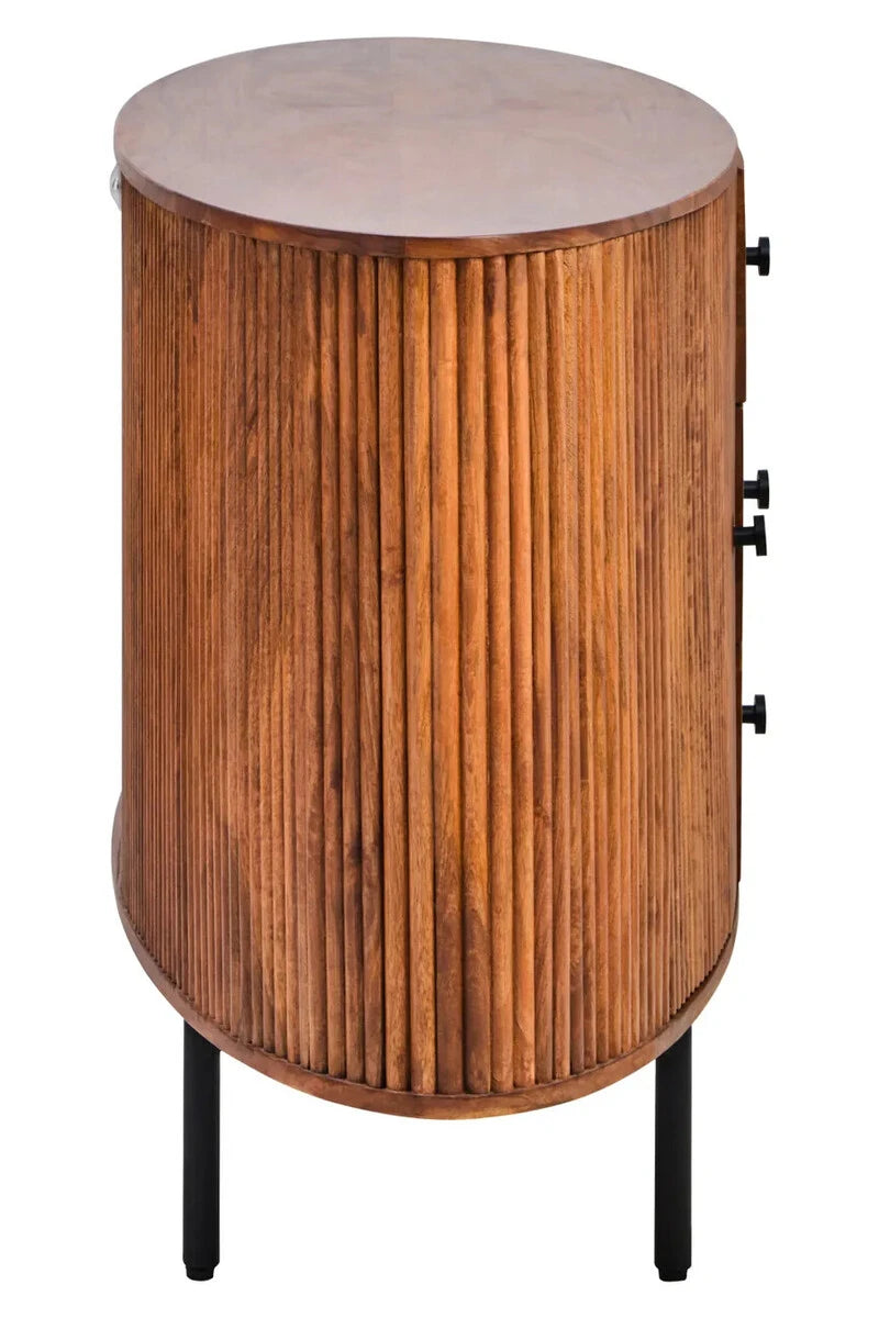 End view of the Hawthorn Oval Sideboard, showing the curved reeded mango wood side and slim black legs.