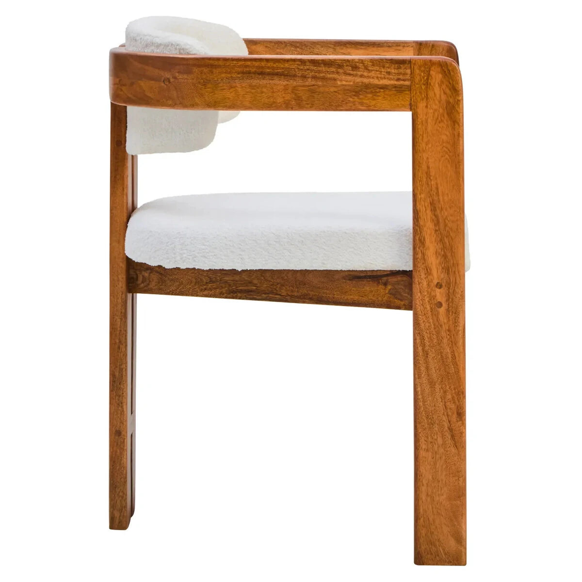 Side view of the Hawthorn Dining Chair, showing the flat mango wood armrest and padded cream bouclé seat.