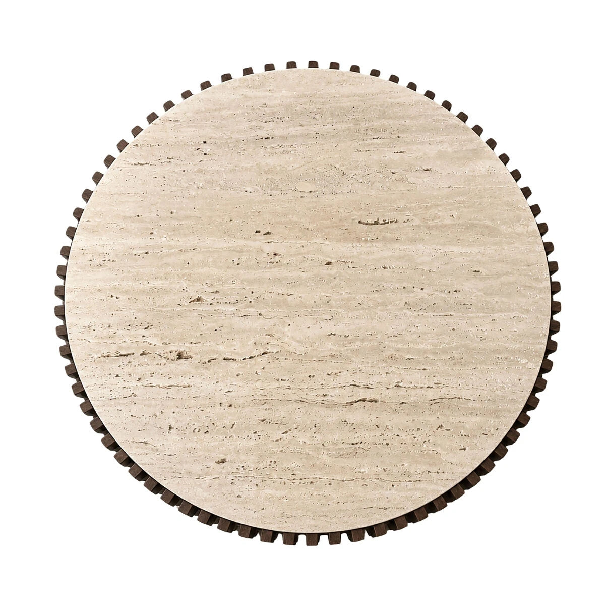 Top view of the Solmere round coffee table's travertine top