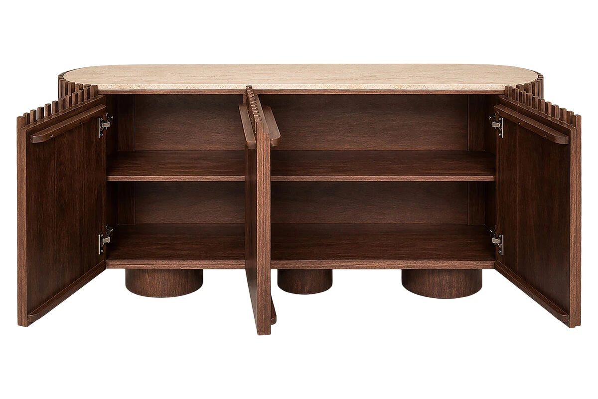 Solmere sideboard with its doors open showing the inner shelves