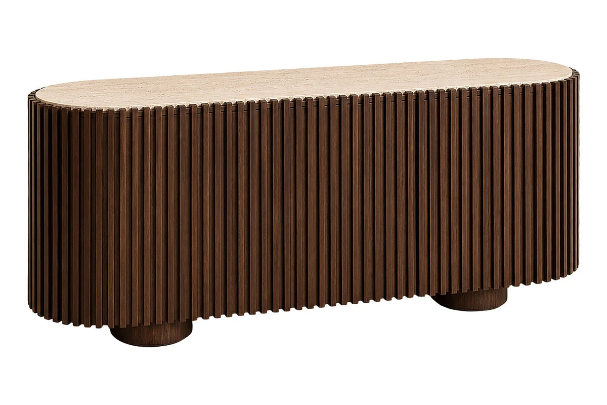 Solmere travertine and mango wood sideboard, front view
