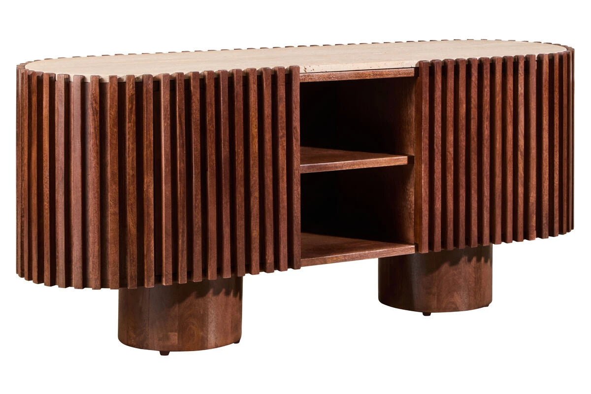 Solmere curved media unit, angled view showing the ribbed mango wood slats