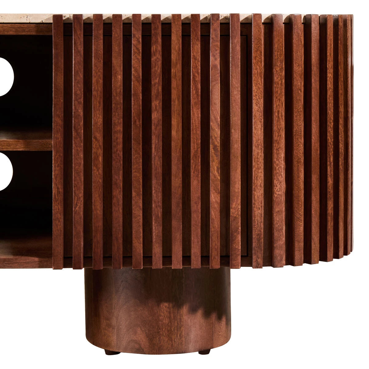 Close-up of the ribbed mango wood slats and pillar foot on the Solmere media unit