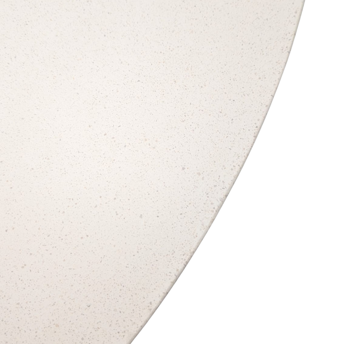 A close-up of a light beige or off-white speckled surface with a curved edge against a white background.
