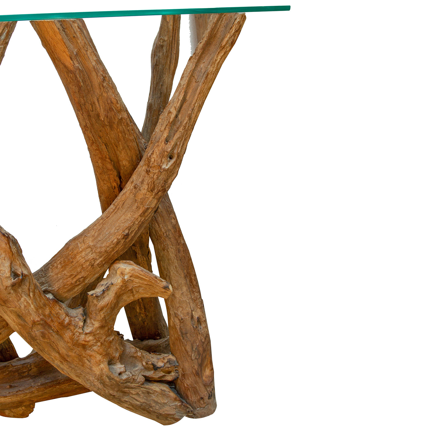 Teak tree root base of console table on a white background