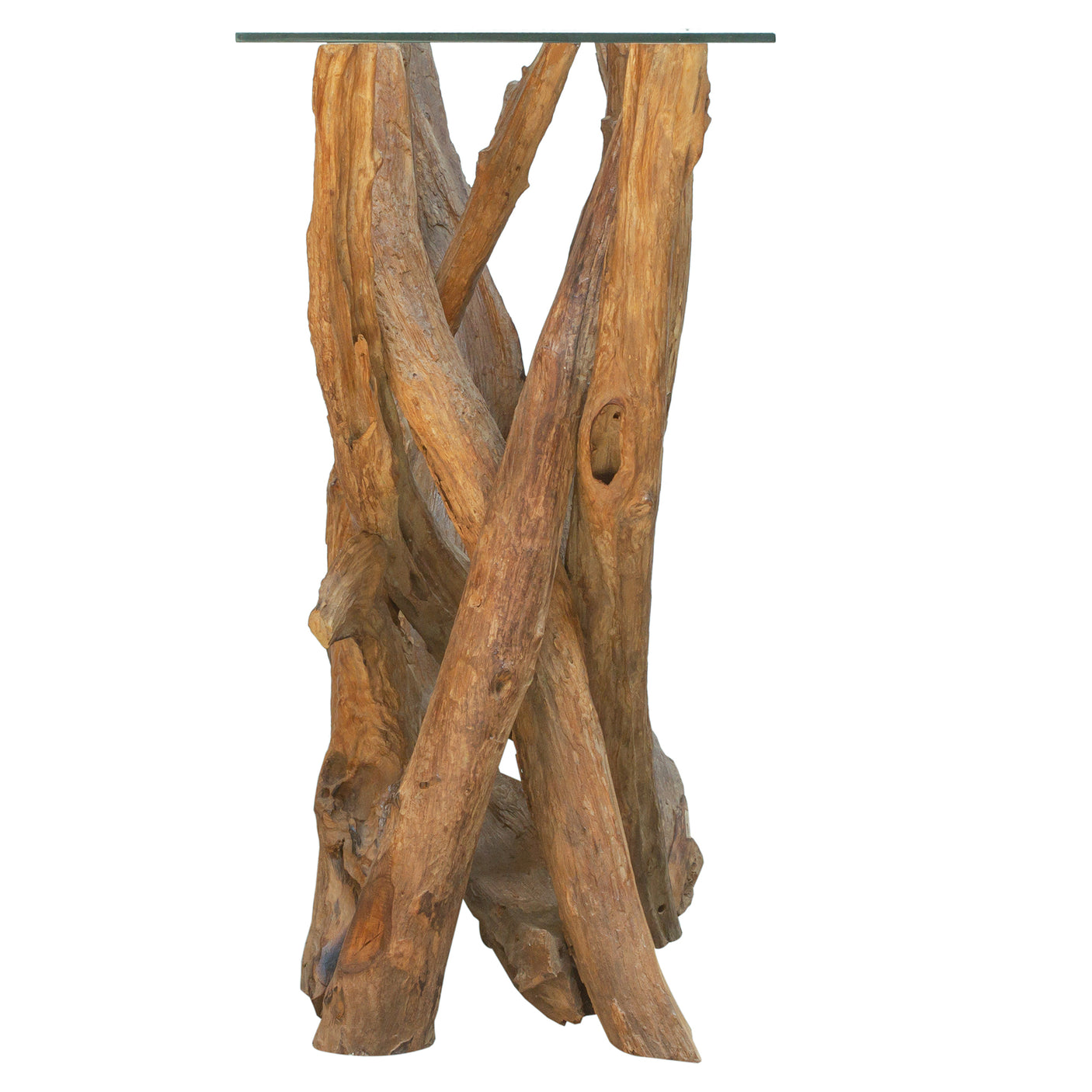 End view of teak tree root console table with glass top on a white background