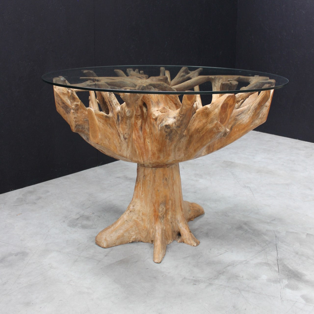 Round Teak Root Dining Table With Glass Top